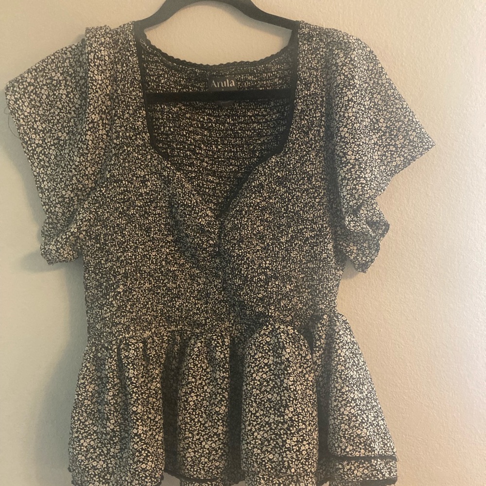 Ditsy Floral Black and White Ruffled Peplum Blouse